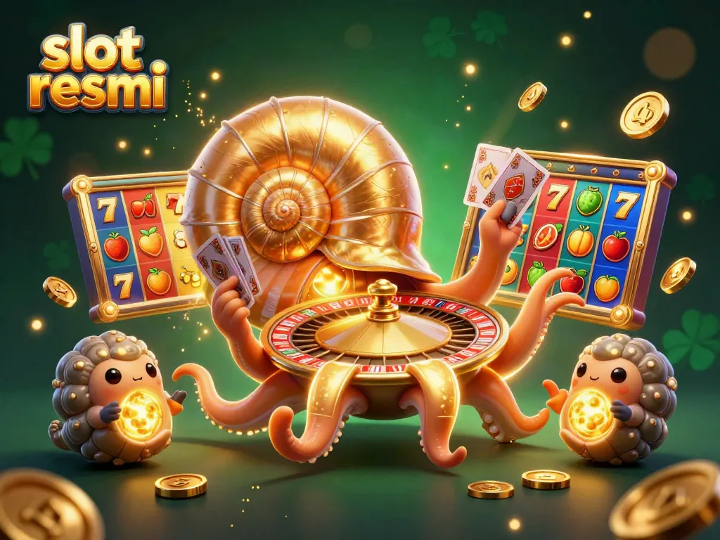 Experience slot resmi excitement with a vibrant 3D scene featuring a golden nautilus roulette wheel and lucky symbols.