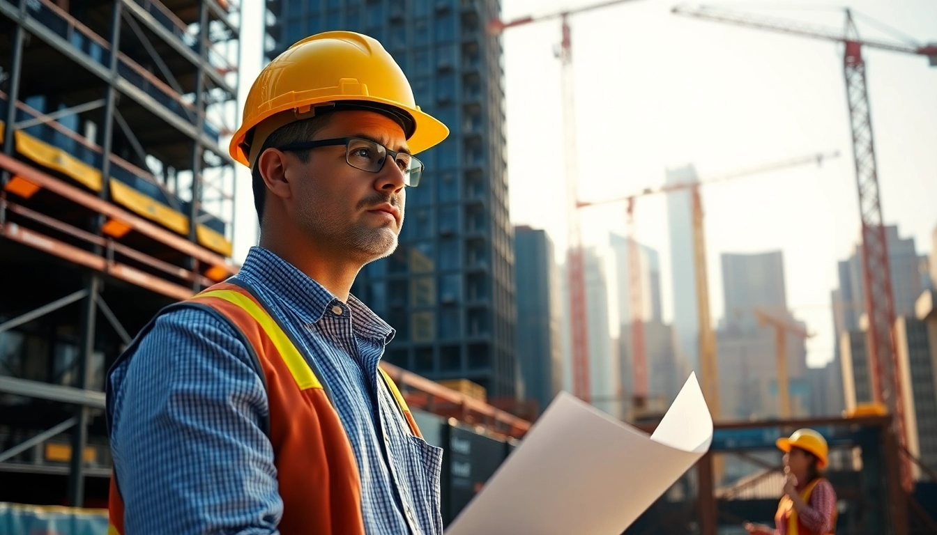 New York Construction Manager managing a busy urban construction site with blueprints.