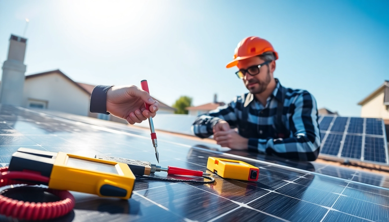 Technician conducting emergency solar panel repair, showcasing tools and solar panels in sunny ambiance.