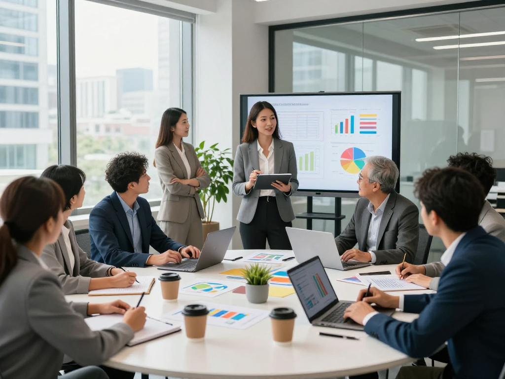 Tim brainstorming tim profesional dengan delapantoto dalam suasana kantor modern yang dinamis.
