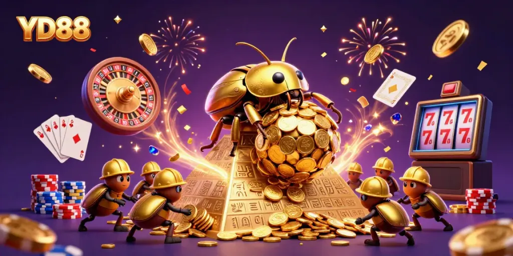 Bet big at YD88 with a scene filled with golden coins, casino games, and vibrant energy.