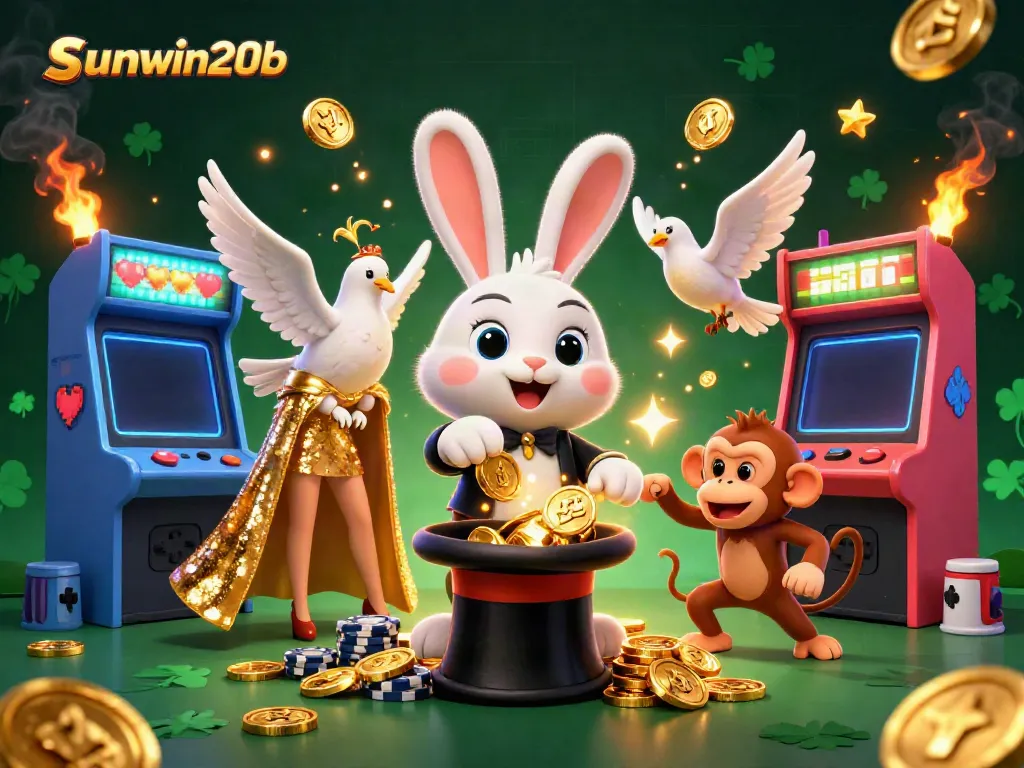 Experience thrilling moments with sunwin20b as a magician rabbit conjures coins in a vibrant casino.