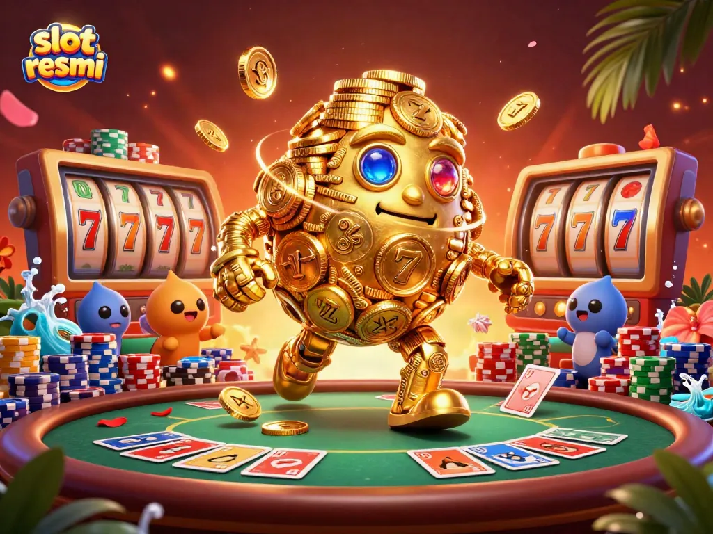 Experience electrifying wins at slot resmi with a dazzling 3D golden golem amid vibrant gaming elements.