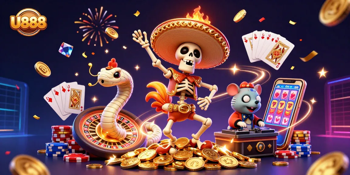 U888 offers thrilling casino action with a festive scene of animations featuring a mariachi rooster, mummy snake, and a DJ hamster.