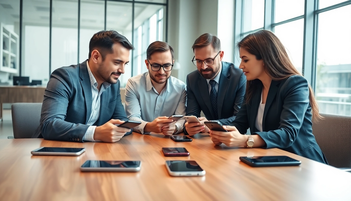 Explore business mobile deals UK options with a professional meeting and smartphones on display.