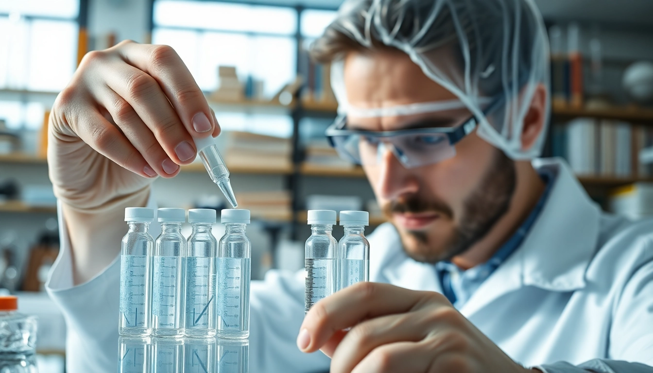 Buy research peptides in a lab setting showcasing vials, emphasizing professionalism and precision.