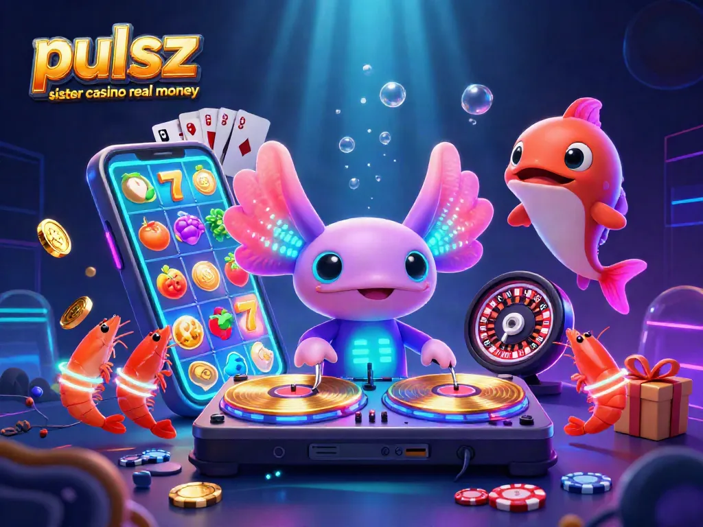 Play and win at "pulsz sister casino real money" with vibrant slot and casino games illustrated in underwater party scene.
