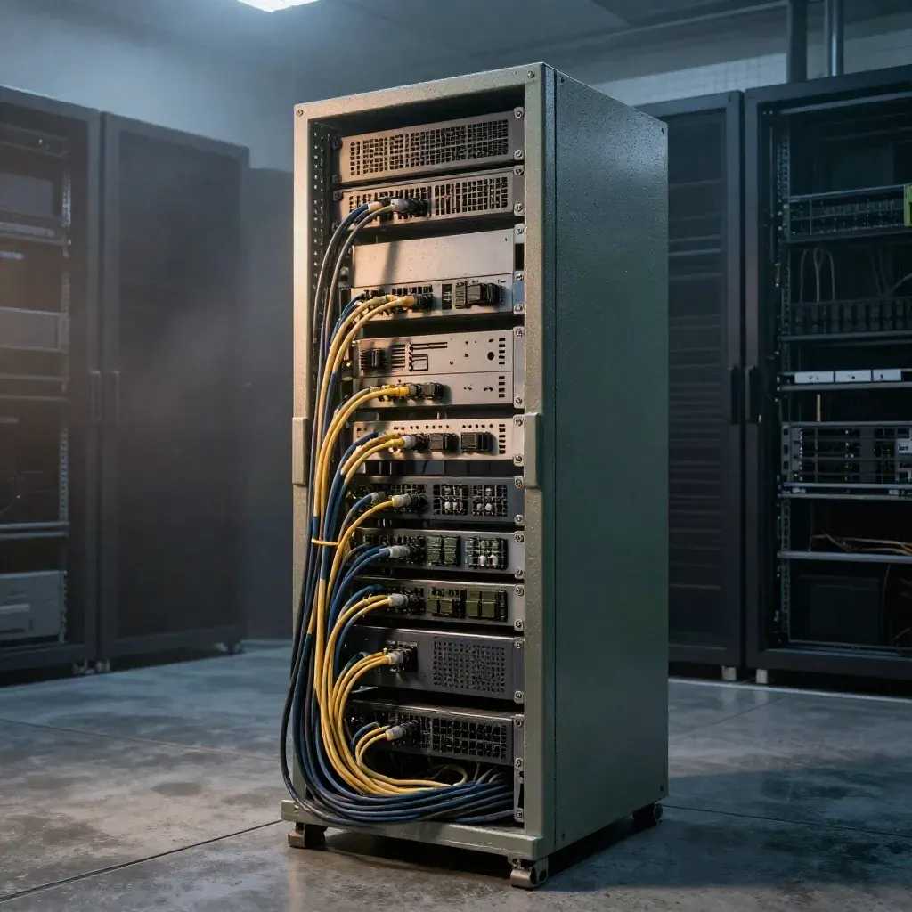 Brushed-metal server tower on a concrete plinth in blue-hour mist, with cable coils and fiber loops.
