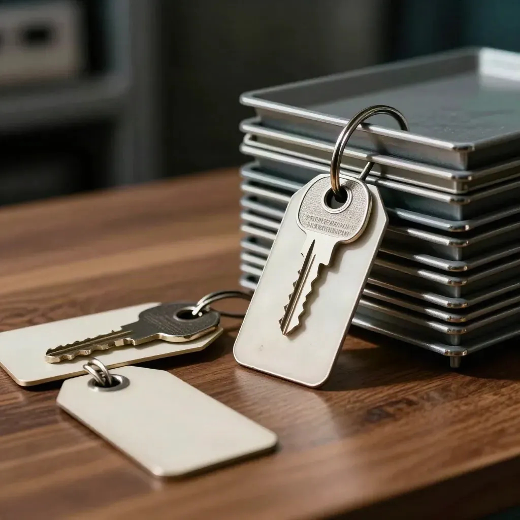 Metal asset tags, a server key, and stacked inventory trays on a walnut surface in dramatic low light.