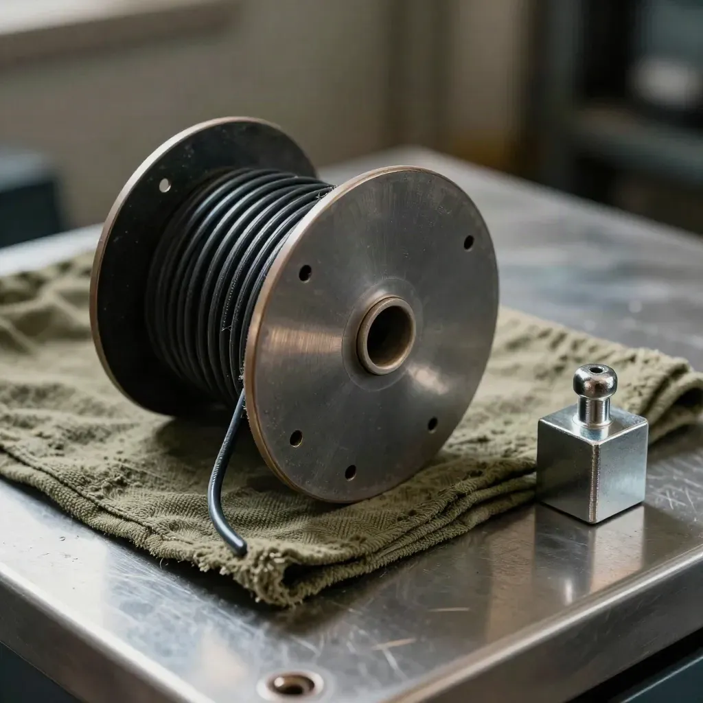 Cable drum, rack panels, and a counterweight on a dim brushed-metal surface.