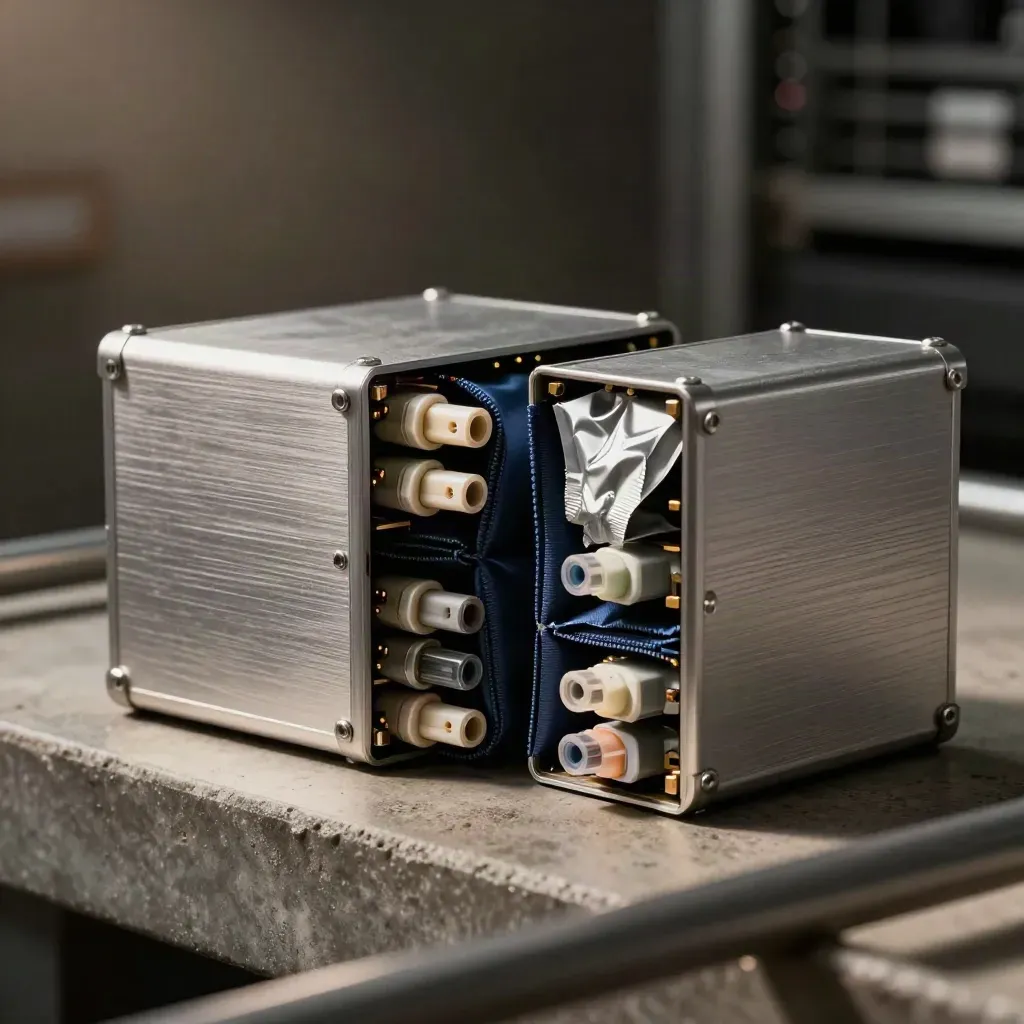 SSD caddies and fiber adapters split into two neat stacks on a concrete service ledge.
