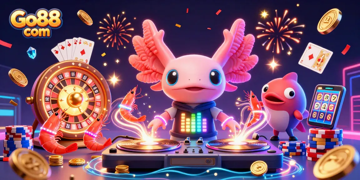 Engage with Go88 com through a vibrant casino illustration featuring neon characters, golden coins, and exciting gameplay elements.