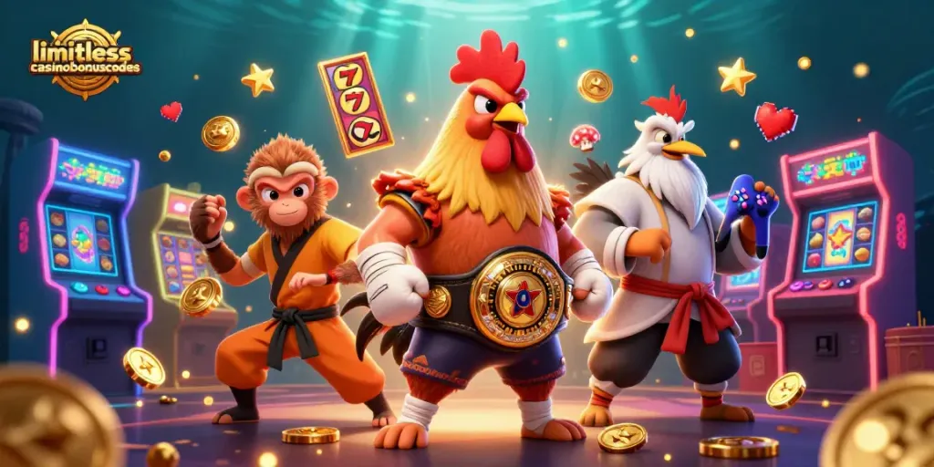 Engage with limitlesscasinobonuscodes in this vibrant 3D casino scene featuring characters and slot game elements.