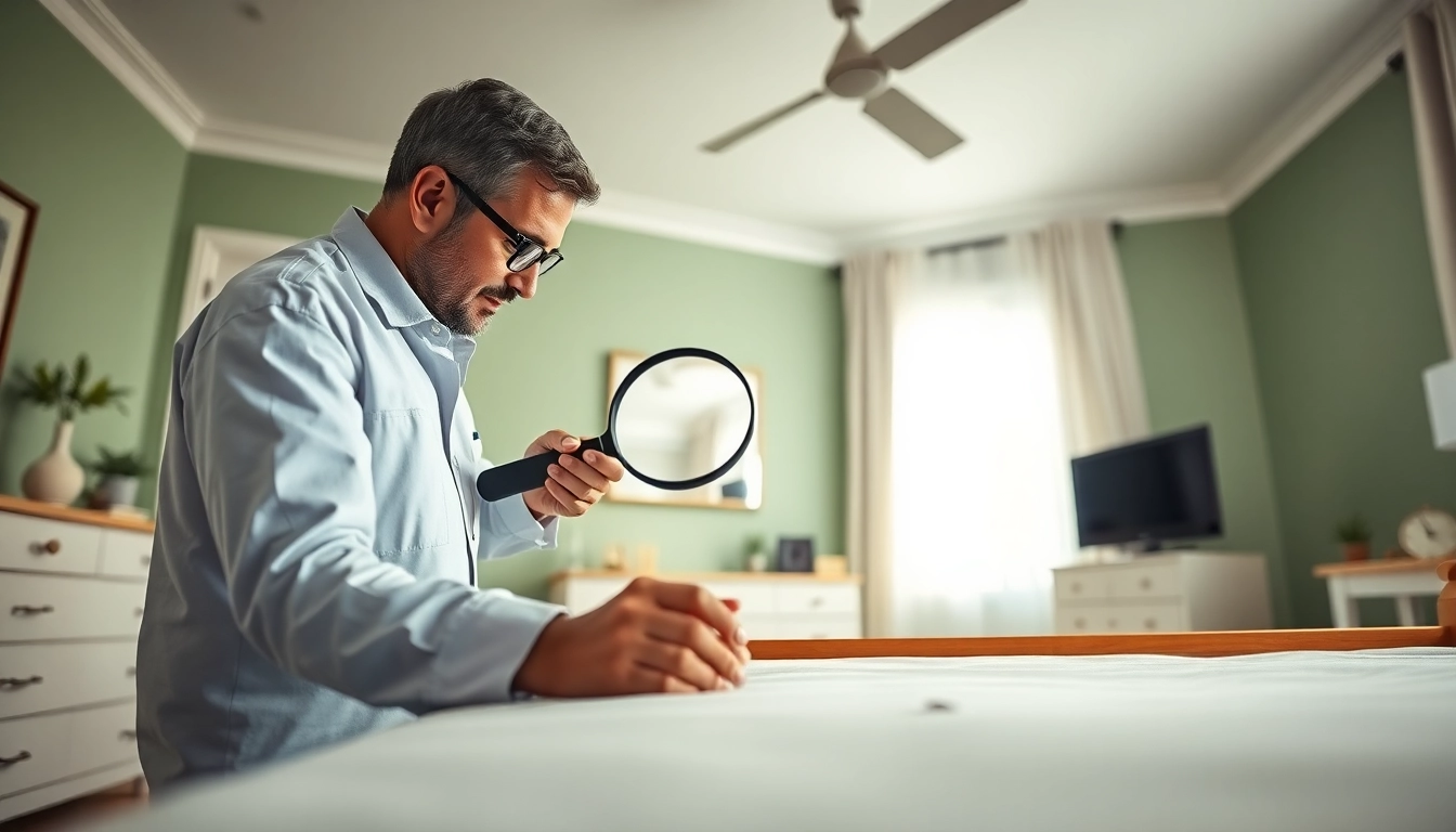 Experience effective bed bug removal with a professional technician inspects a bedroom.