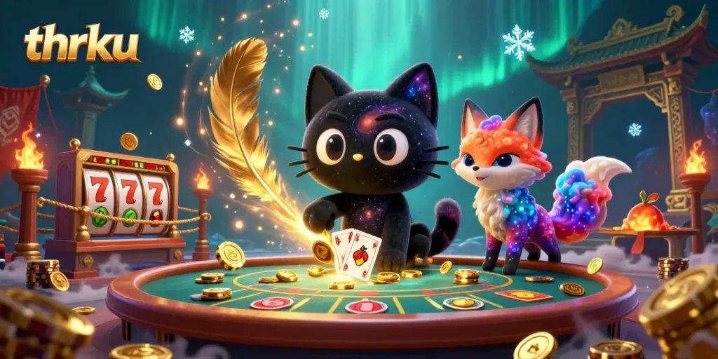 Engage in thrilling gameplay at thrku with a cartoon black hole cat surrounded by dynamic casino elements.