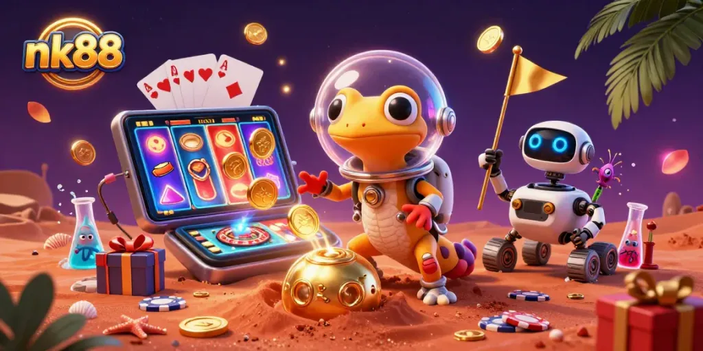 nk88 slot game scene with Martian gecko and casino elements creating excitement in gaming.