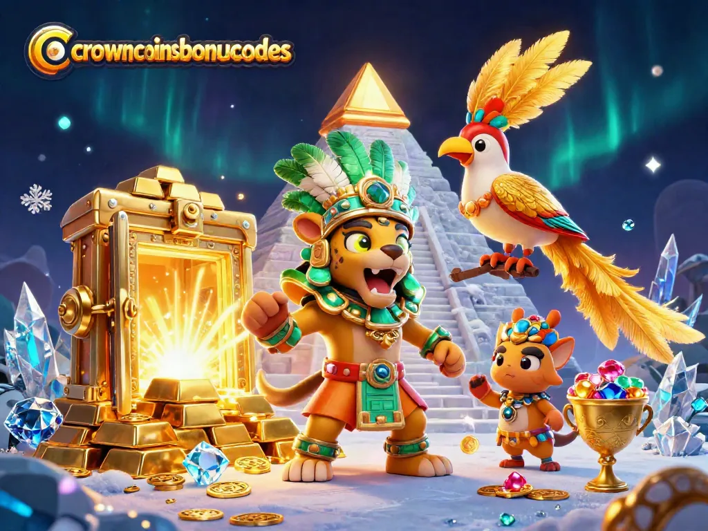 Spin to win with crowncoinsbonuscodes in a vibrant Mayan-themed casino illustration.