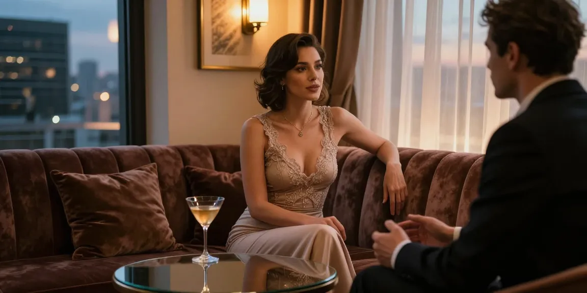 Stylish escort in an upscale lounge at Cityescorthub, engaging in conversation with a client, warm ambient lighting.