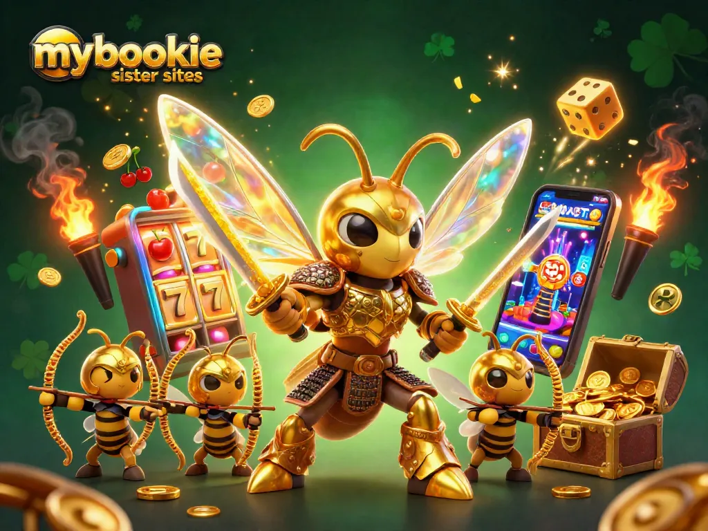 Engage with the action at mybookie sister sites featuring a golden hornet and casino excitement.