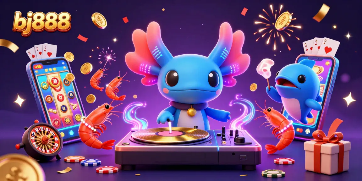 Experience thrilling gameplay at bj888 with neon axolotl DJ and dynamic casino elements.