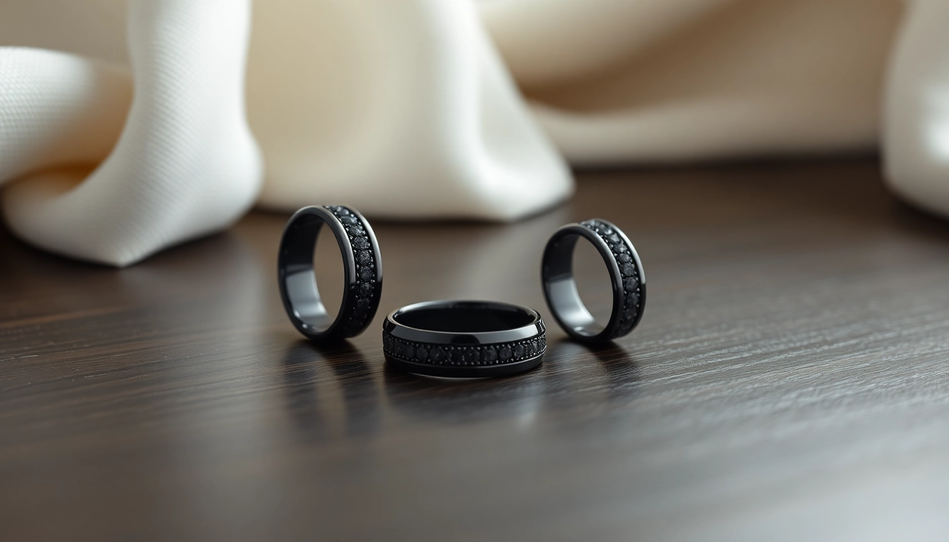 Showcasing a stunning set of Black Zirconium Rings with elegant craftsmanship and soft lighting.