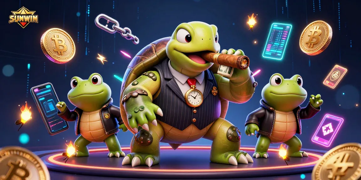 SUNWIN transforms casino experience with a dynamic cartoon scene of a snapping turtle and bullfrog enforcers.
