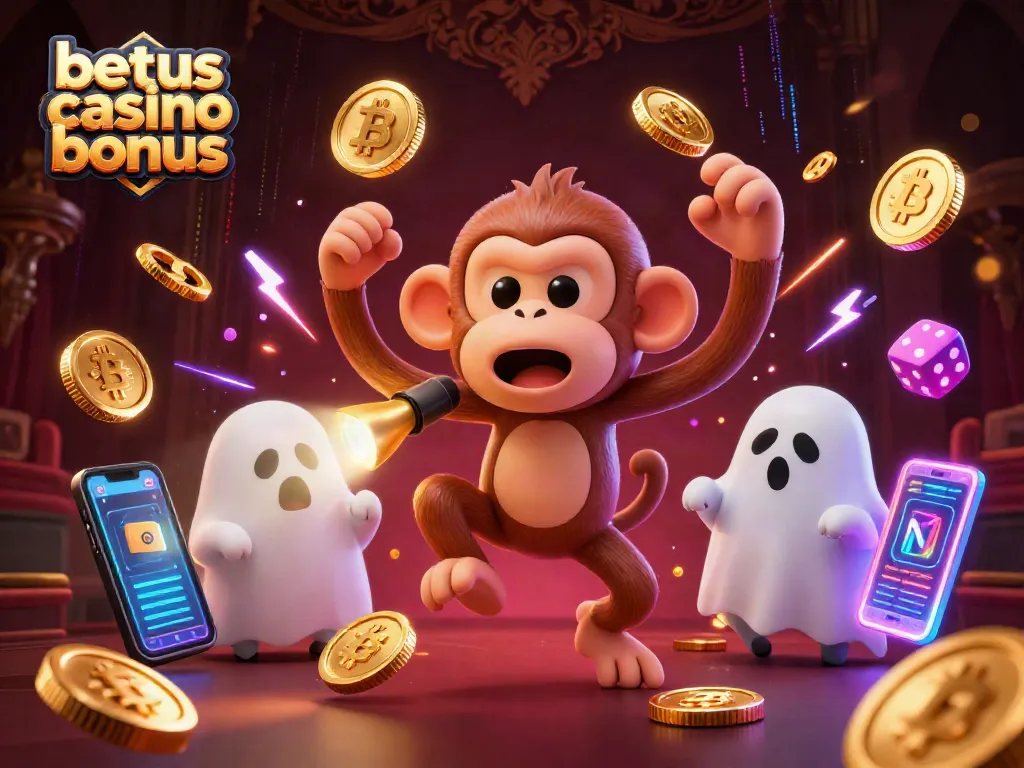Engage with the BetUS casino bonus in a lively haunted casino scene filled with crypto elements.