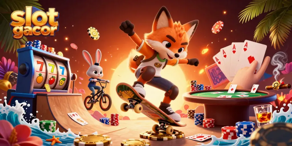 Experience slot gacor excitement with a cartoon fox and rabbit in a vibrant casino scene