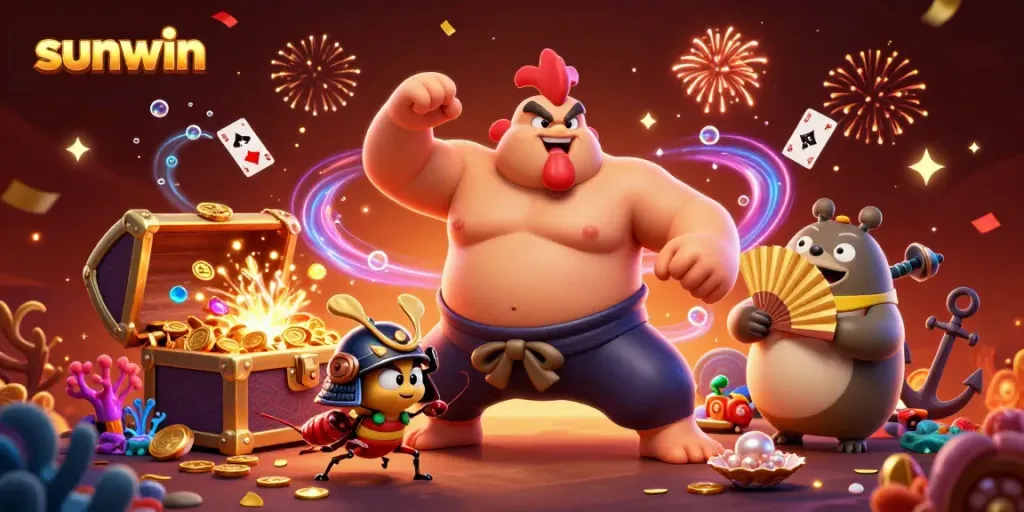 Experience the thrill of sunwin with a dynamic illustration featuring a powerful sumo rooster amid casino elements, exploding treasures, and glowing effects.