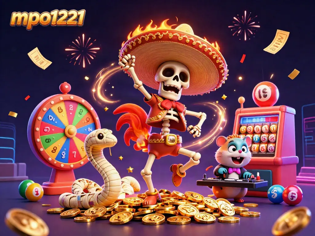 MPO1221 platform features a vibrant celebration with a dancing mariachi rooster, colorful lottery elements, and dynamic fireworks.