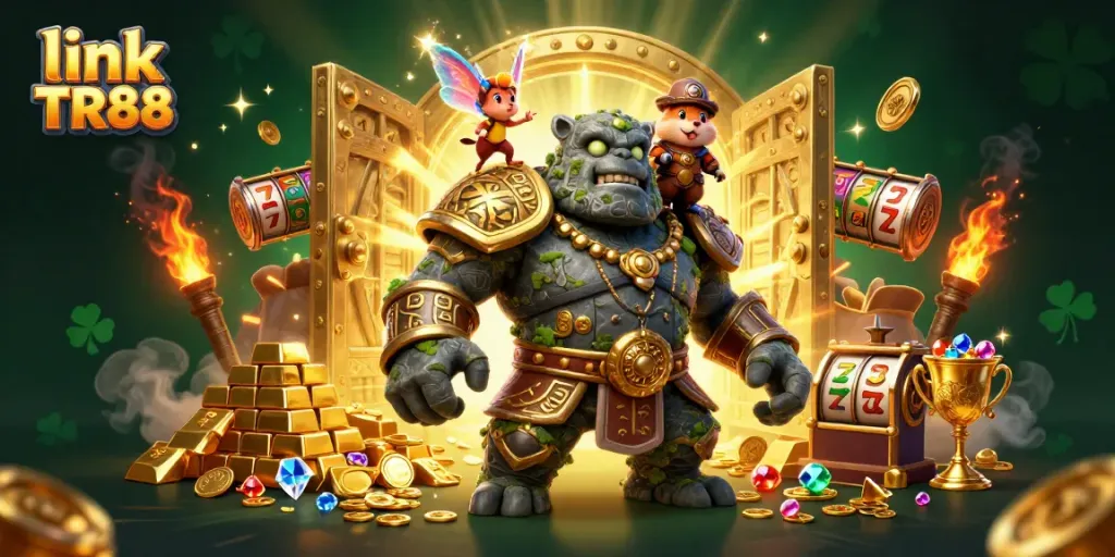 Engage in winning strategies with link TR88 at the dynamic online casino, featuring vivid illustrations of fortune and excitement.