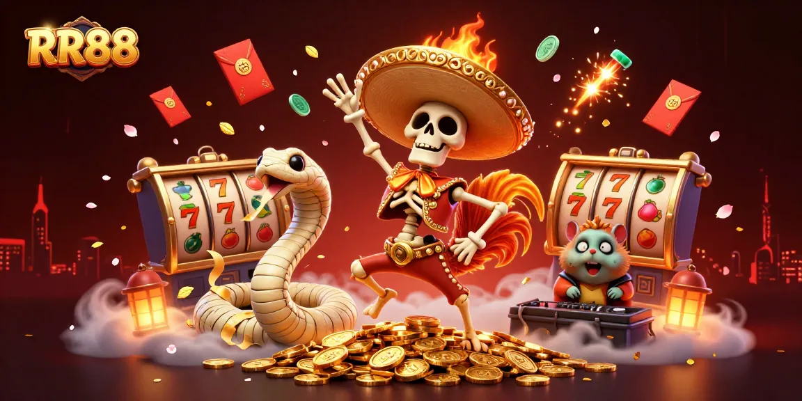 RR88 casino scene showcasing a vibrant victory dance amidst animated slot reels and festive elements