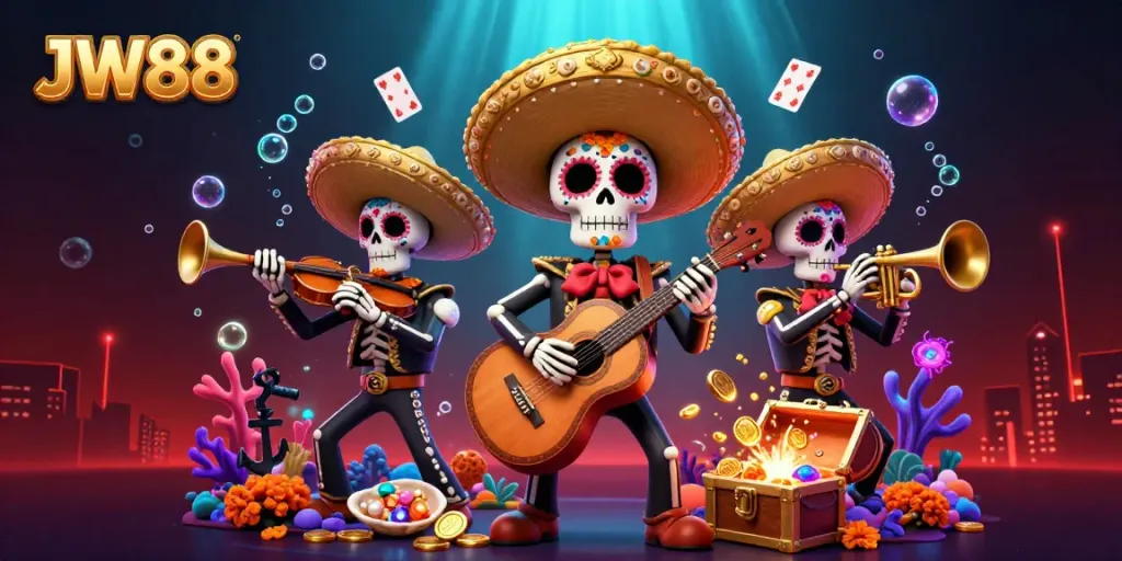 Experience the vibrant world of JW88 with a lively mariachi band amid an ocean of treasures and games.
