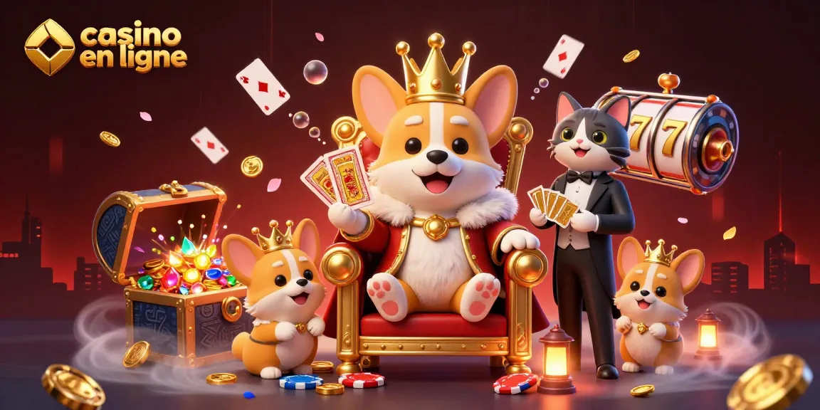 Illustration dynamique d'un corgi royal sur un trône de jetons, promouvant un casino en ligne avec des éléments de jeu colorés.