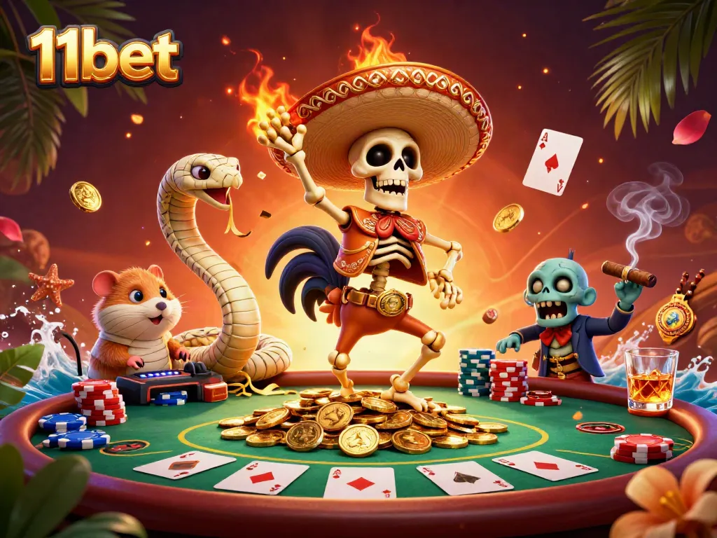 Experience exciting gambling action at 11bet with unique characters, poker elements, and vibrant atmosphere.