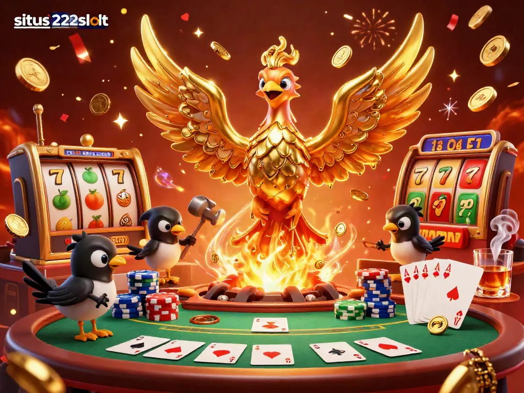Mesin slot dan simbol perjudian berkilau di situs 222slot, mempersembahkan pengalaman kasino yang epik.