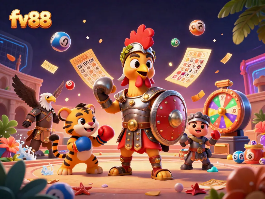 Engaging fv88 casino illustration showcasing interactive characters and dynamic game elements.