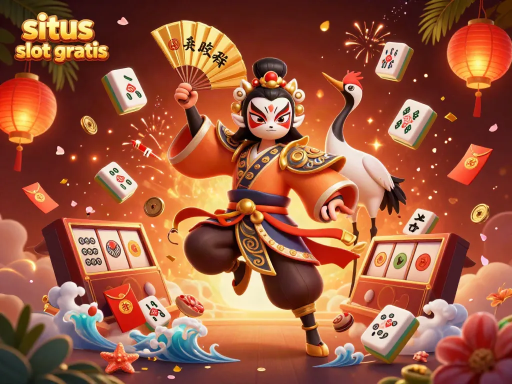 Experience the excitement of situs slot gratis in a vibrant 3D illustration of a kabuki warrior and lucky symbols.