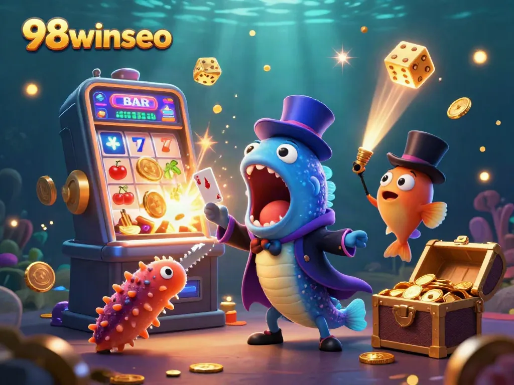 Experience thrilling gaming action with 98winseo, showcasing vibrant jackpot visuals and dynamic casino characters.