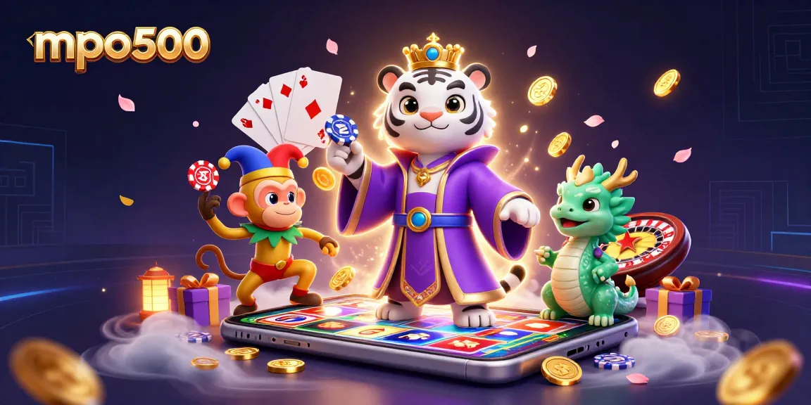 Engage with mpo500's thrilling games, featuring a white tiger and playful monkey juggling poker chips.