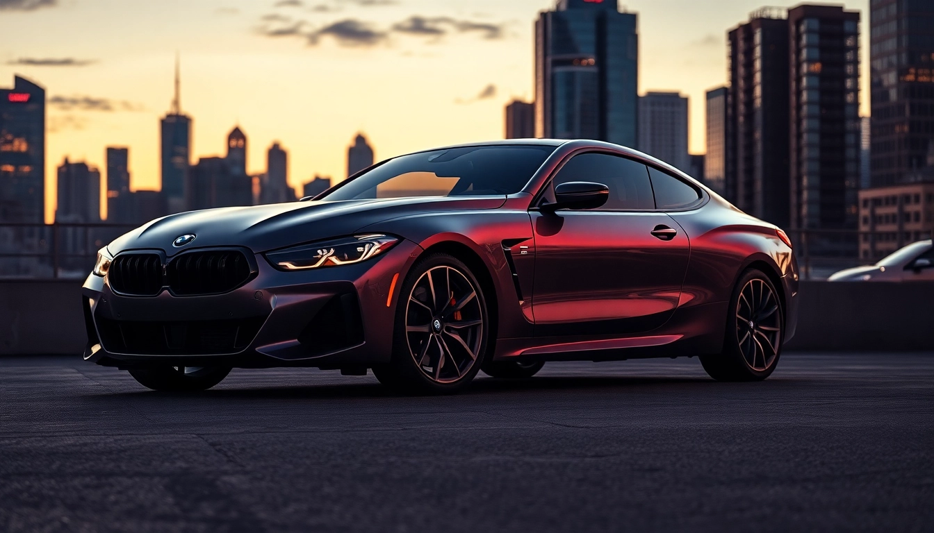Admire the Luxury BMW car flaunting its sleek design against a shimmering skyline.