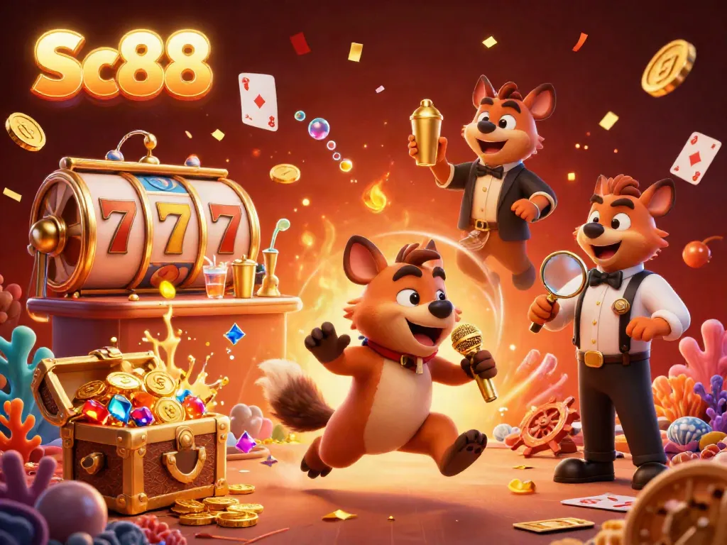Hyenas in Sc88 casino scene celebrating with golden drinks and jokes at an explosive treasure-filled background.