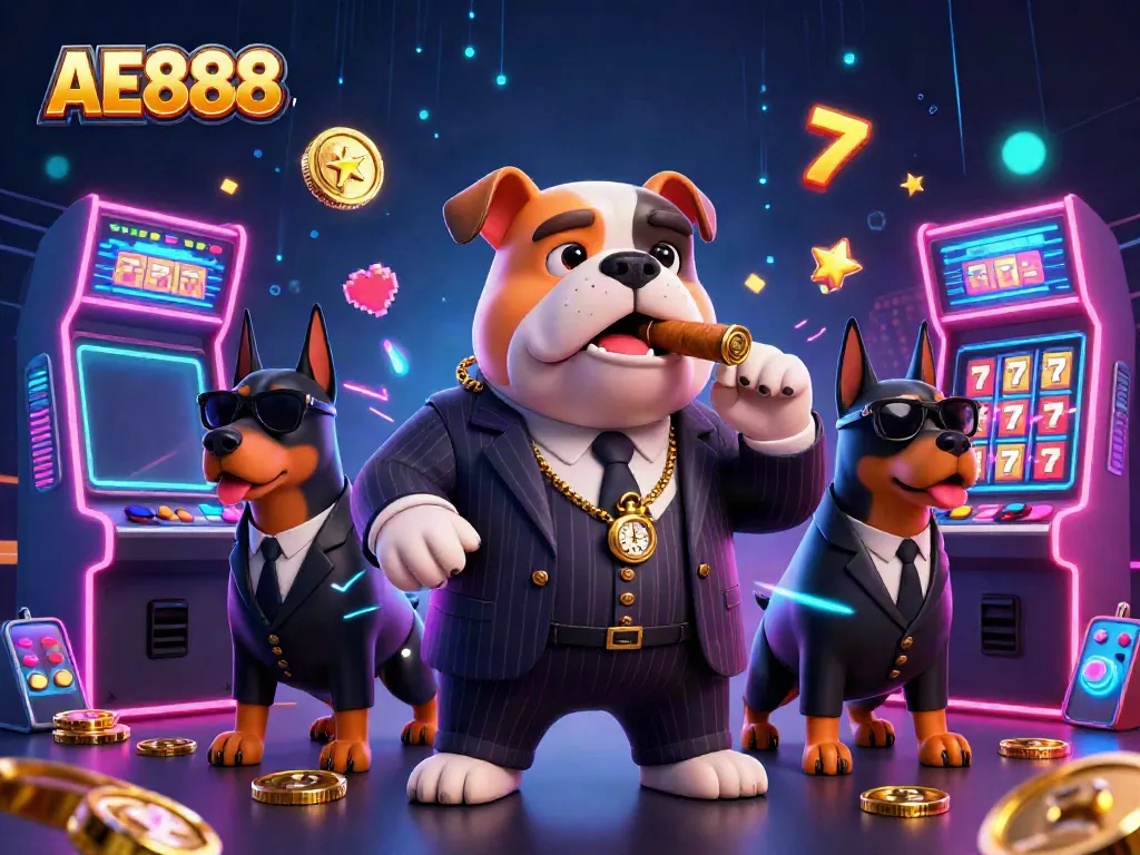 Experience thrilling action at AE888 with a vibrant scene depicting a mafia boss bulldog and bodyguards amidst dazzling casino elements.