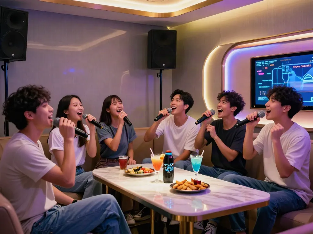 달토 가라오케의 화려한 내부, 친구들이 즐겁게 노래하는 모습