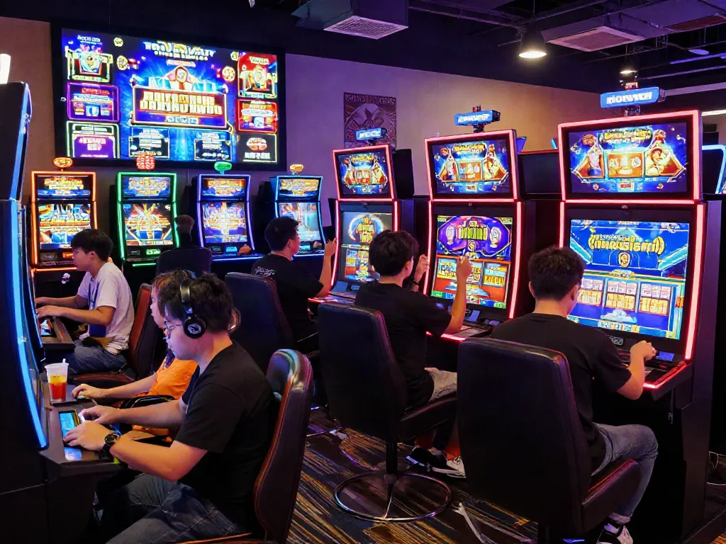 Exciting players enjoying slot gacor at vibrant online casino with colorful lights and joyful interactions.