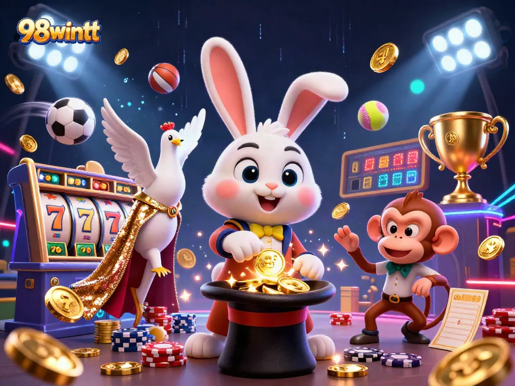Engage with 98wintt's thrilling world, featuring a magician rabbit revealing golden coins and exciting slots.