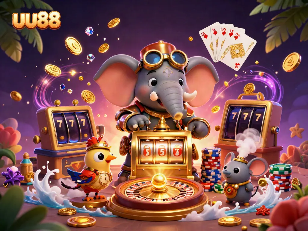 Spin the slots with uu88's dynamic characters and rich casino elements in 3D illustration.