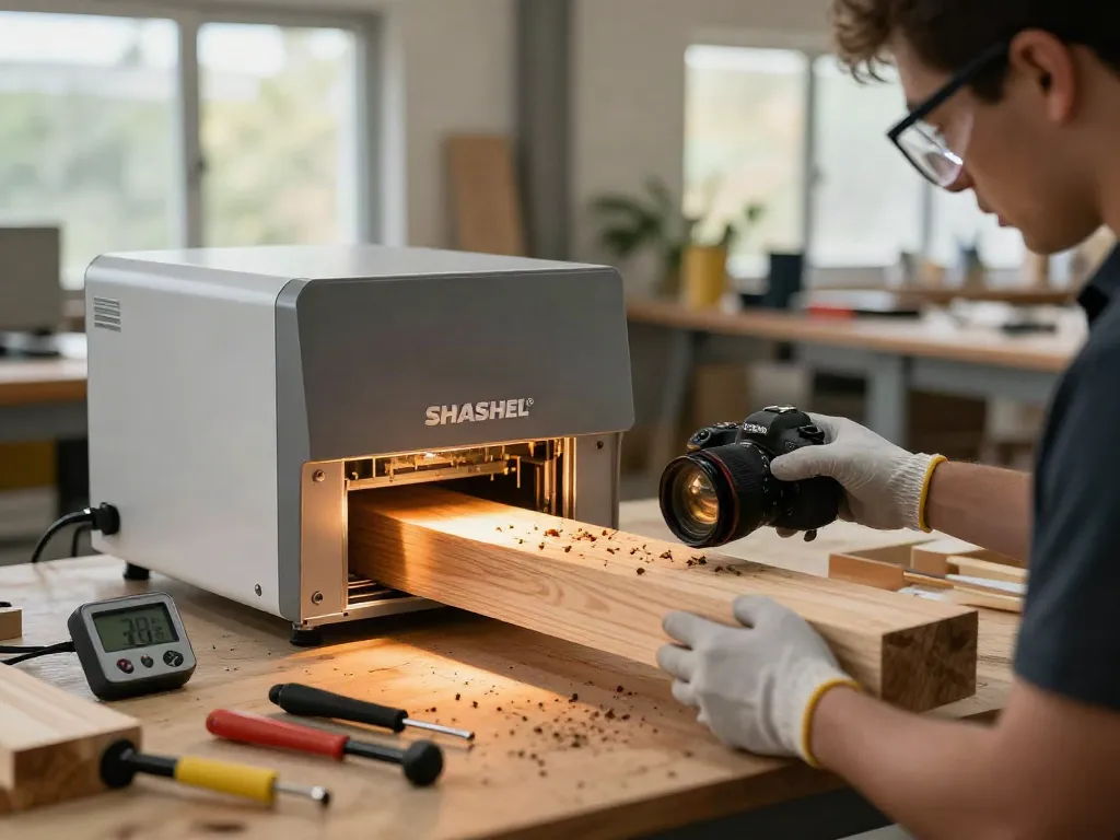 SHASHEL® microwave technology efficiently eliminating wood-boring insects in a workshop setting.