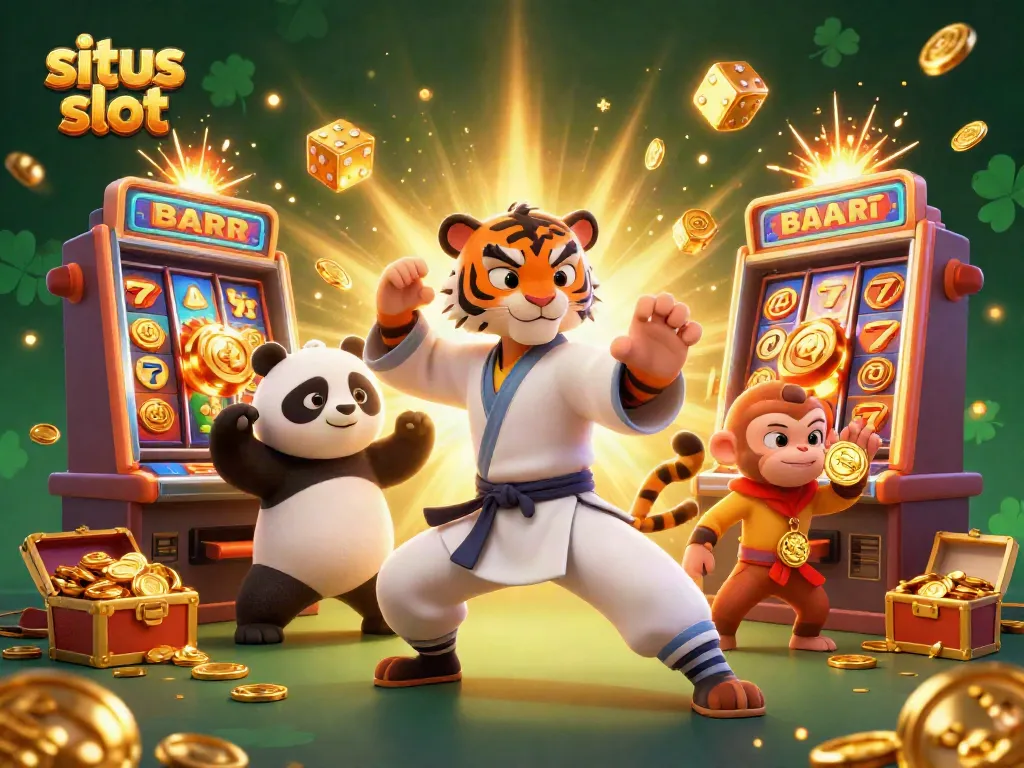 Watch a kung fu tiger master and his panda disciple enjoy the thrill of situs slot action in a jackpot scene.