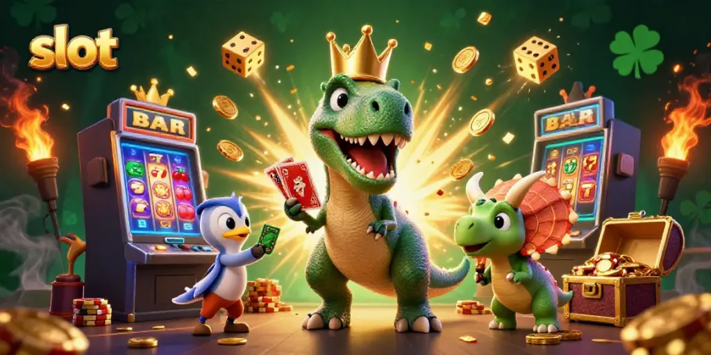 Mesin slot jackpot diiringi T-Rex dan triceratops dalam ilustrasi kasino 3D yang ceria.